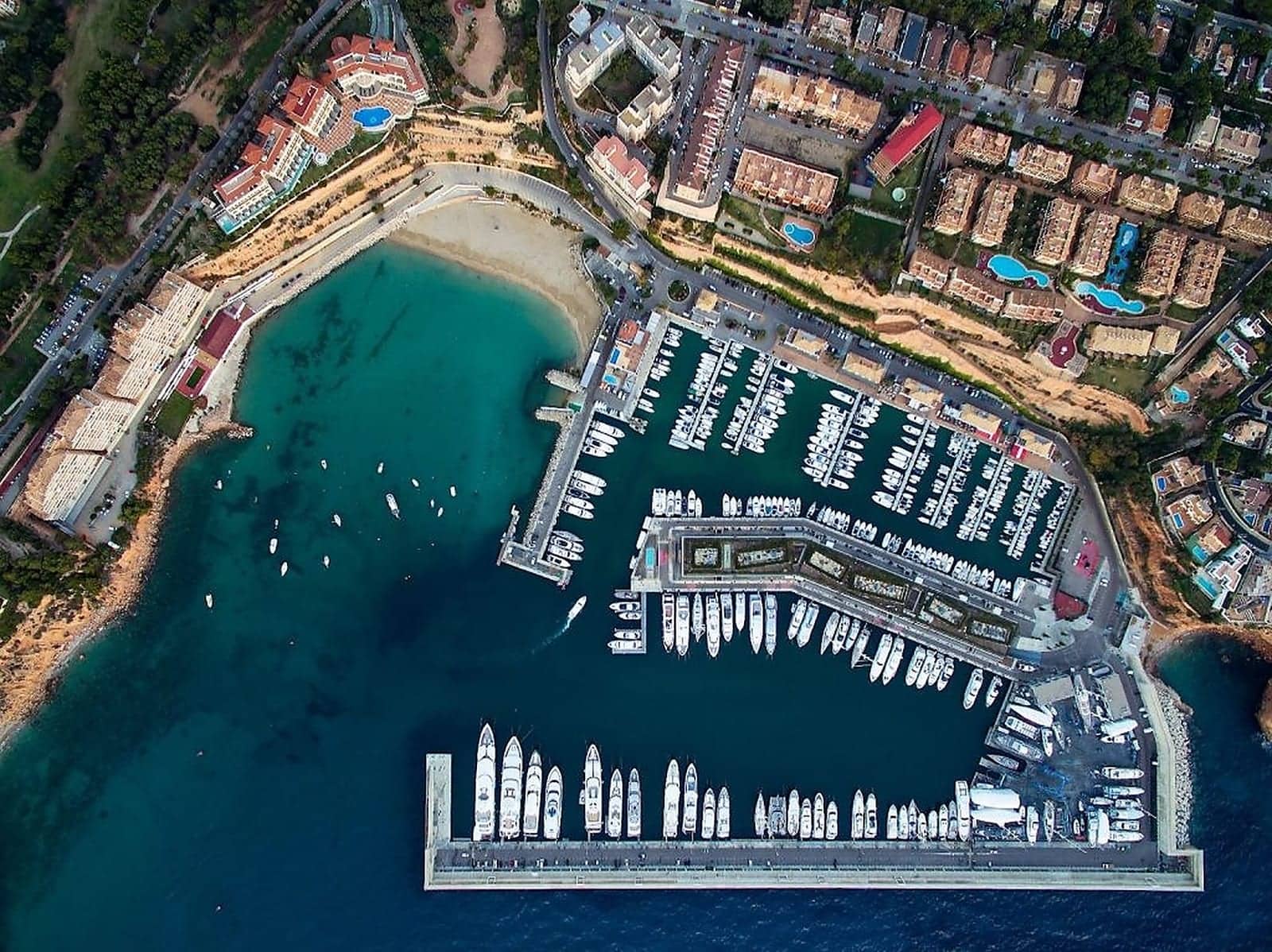 Aerial drone view of Port Adriano marina in Mallorca, Balearic Islands, Spain
